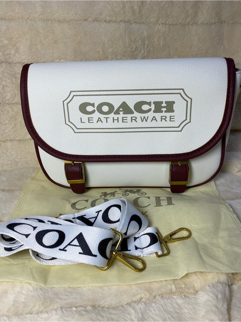 White Leather Crossbody with Burgundy Trim and Gold Hardware
